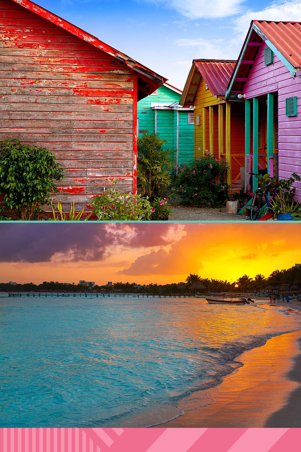A shot of colorful houses in Costa Maya above a beautiful ocean view