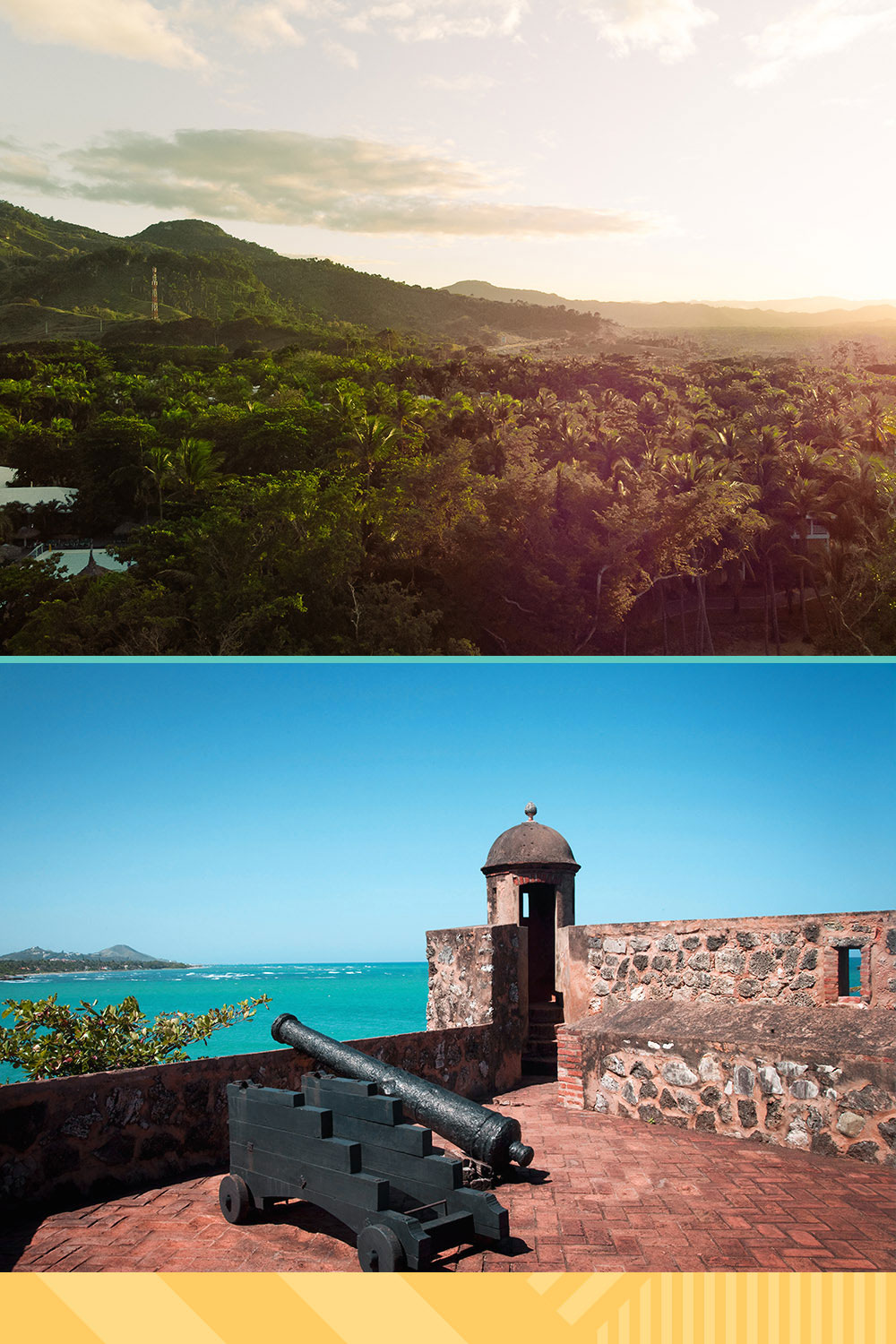A photo of the puerto plata jungle over a cannon at the fort