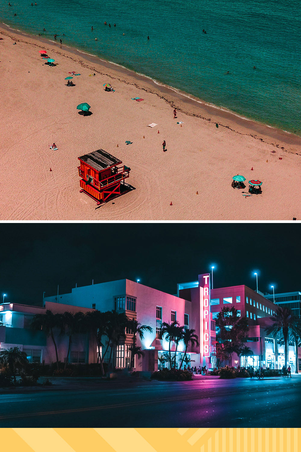 An overhead photo of a beach above a photo of miami nightlife